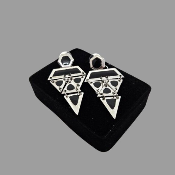 Silver Tone/Black Dangle Drop Earrings - Picture 2 of 5